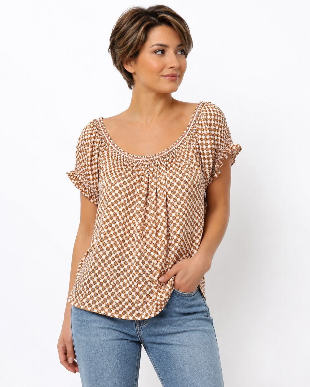 LR4609 Max Studio Medium Off Shoulder Peasant Blouse Geometric Print Boho Top